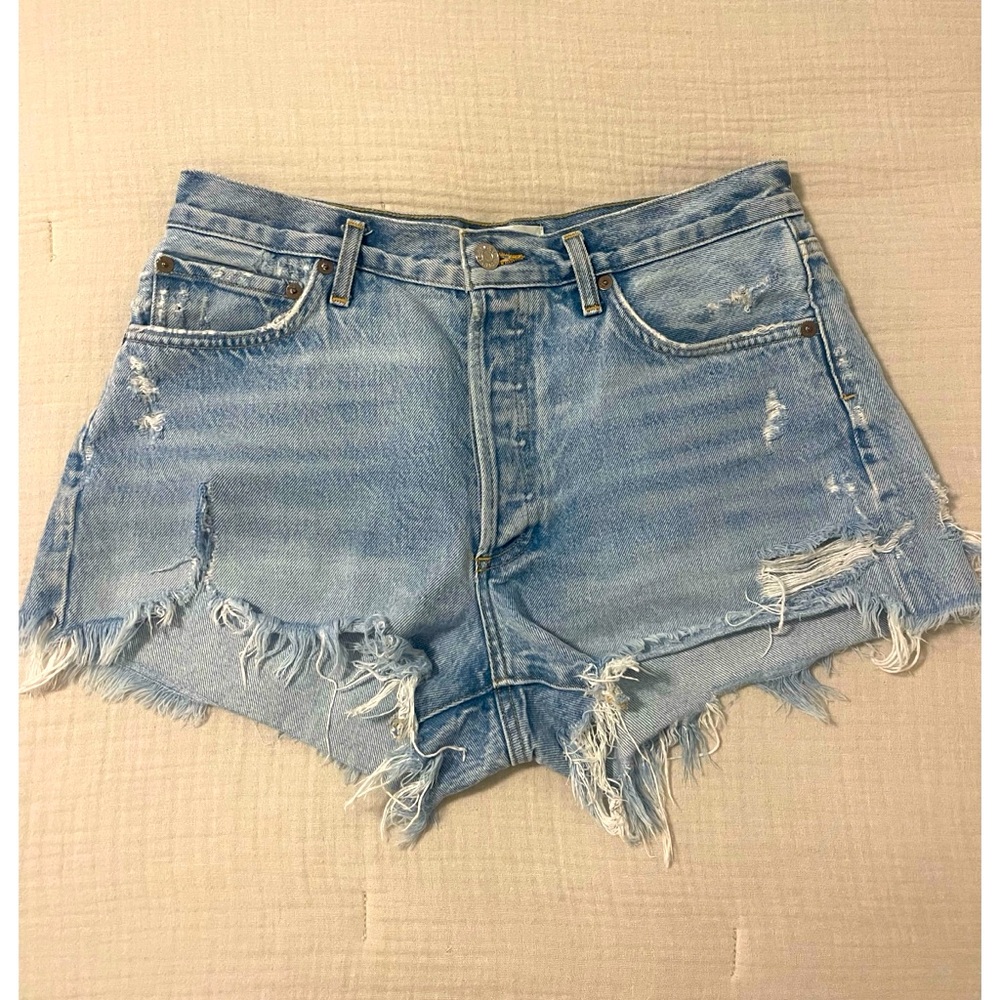 Agolde Light Blue Distressed Jean Shorts